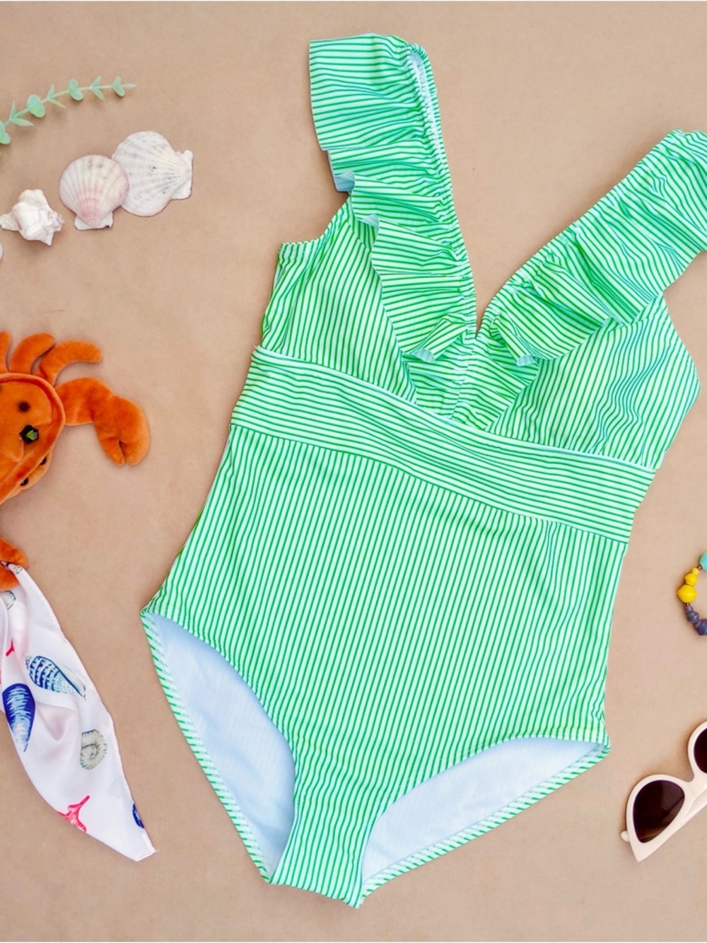 AAVA ❉ Ruffle Oceane Retro One Piece Swimsuit in Neon Stripe Green Size M